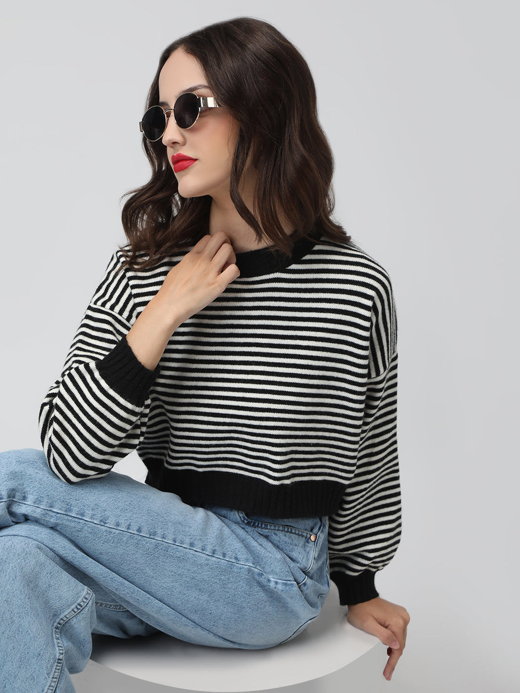 Women's Striped Black and White Ribbed Short Top