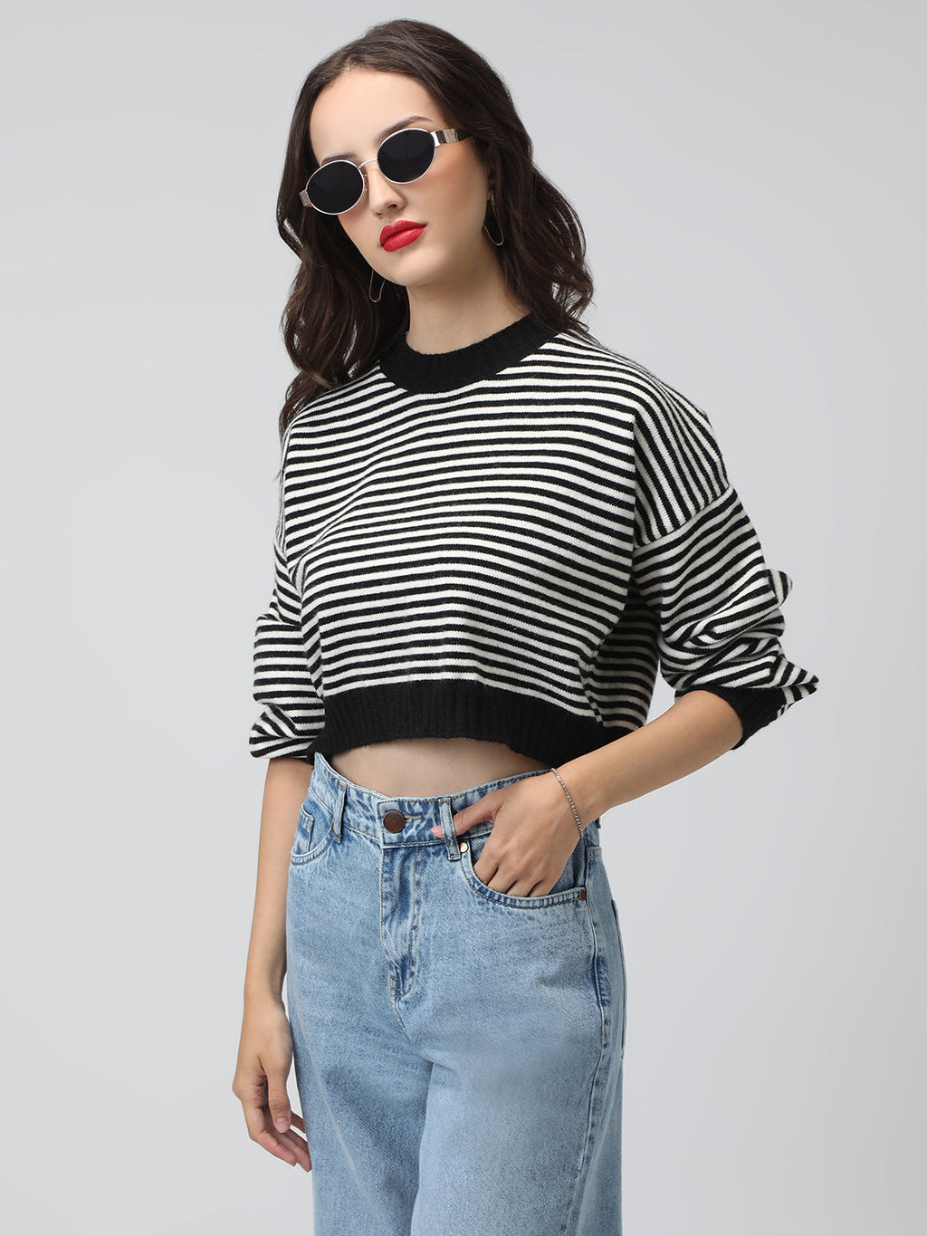 Women's Striped Black and White Ribbed Short Top