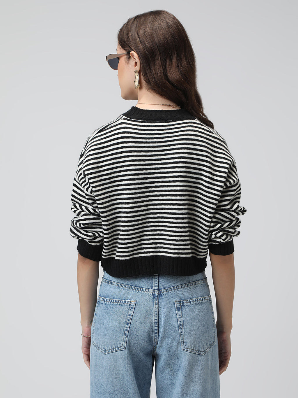 Women's Striped Black and White Ribbed Short Top