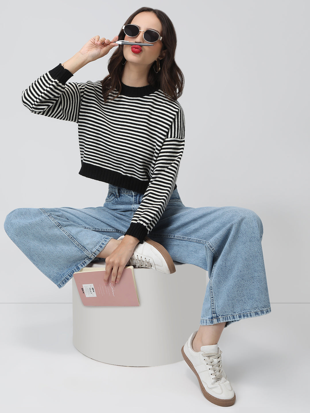 Women's Striped Black and White Ribbed Short Top