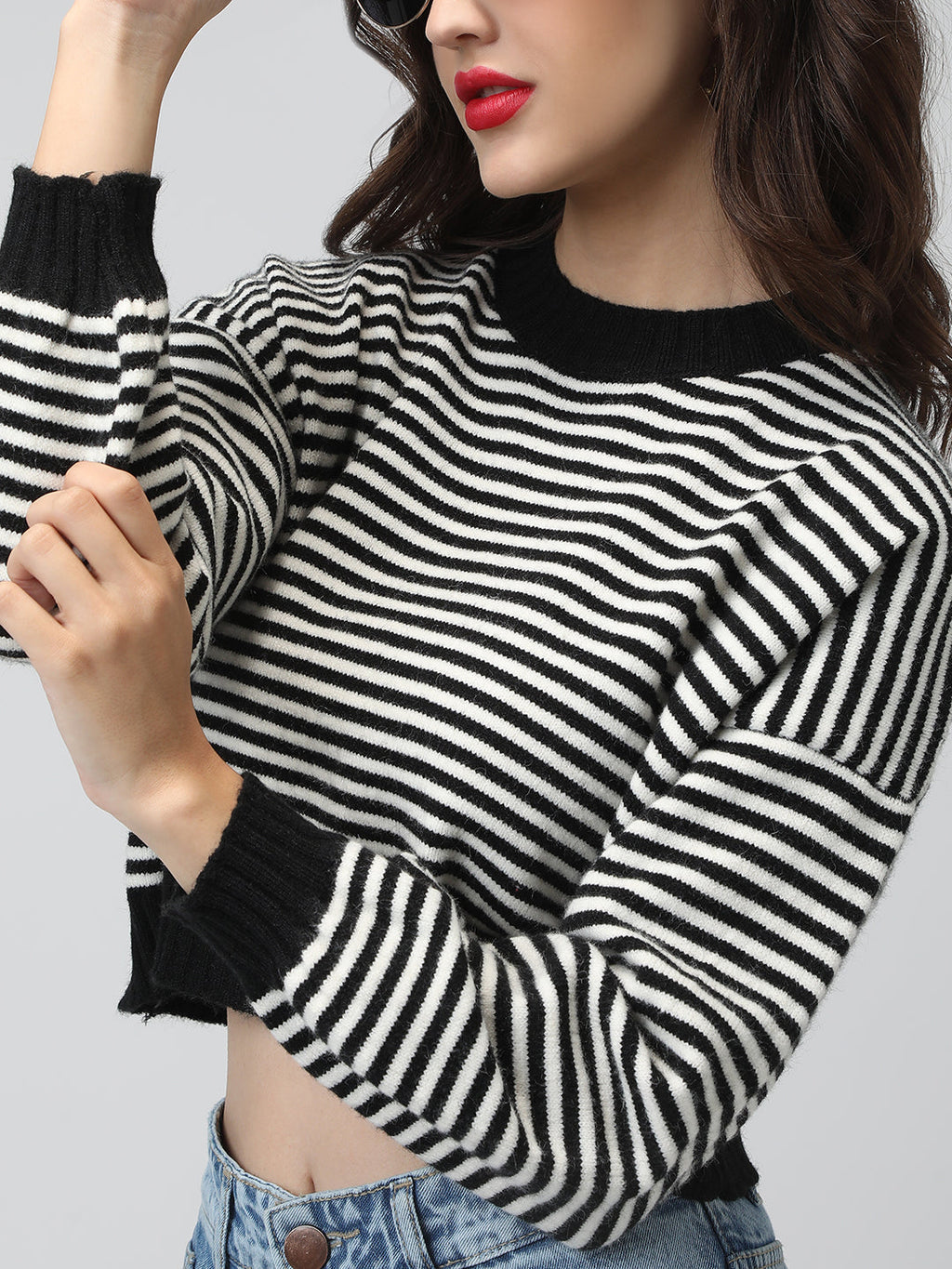 Women's Striped Black and White Ribbed Short Top