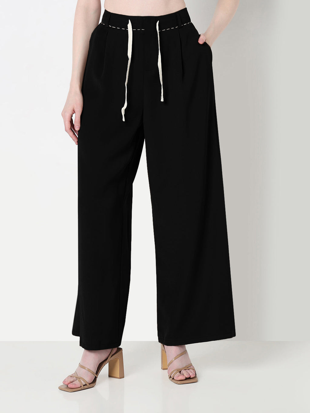 Women's Black Wide Leg Korean Trousers with Contrast Drawcord and Stitch Details