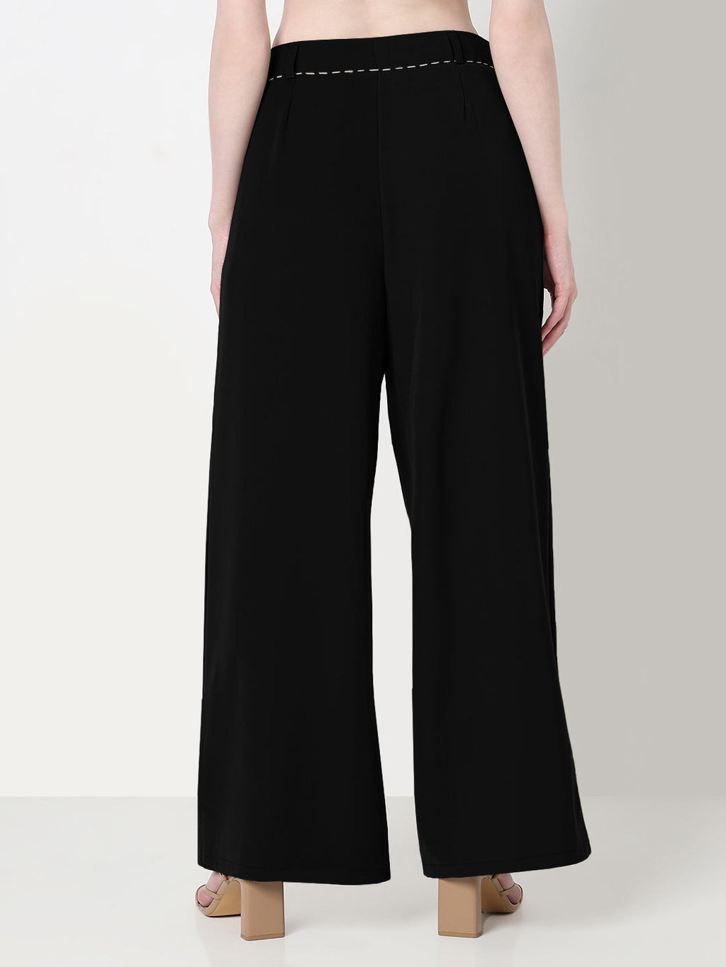 Women's Black Wide Leg Korean Trousers with Contrast Drawcord and Stitch Details