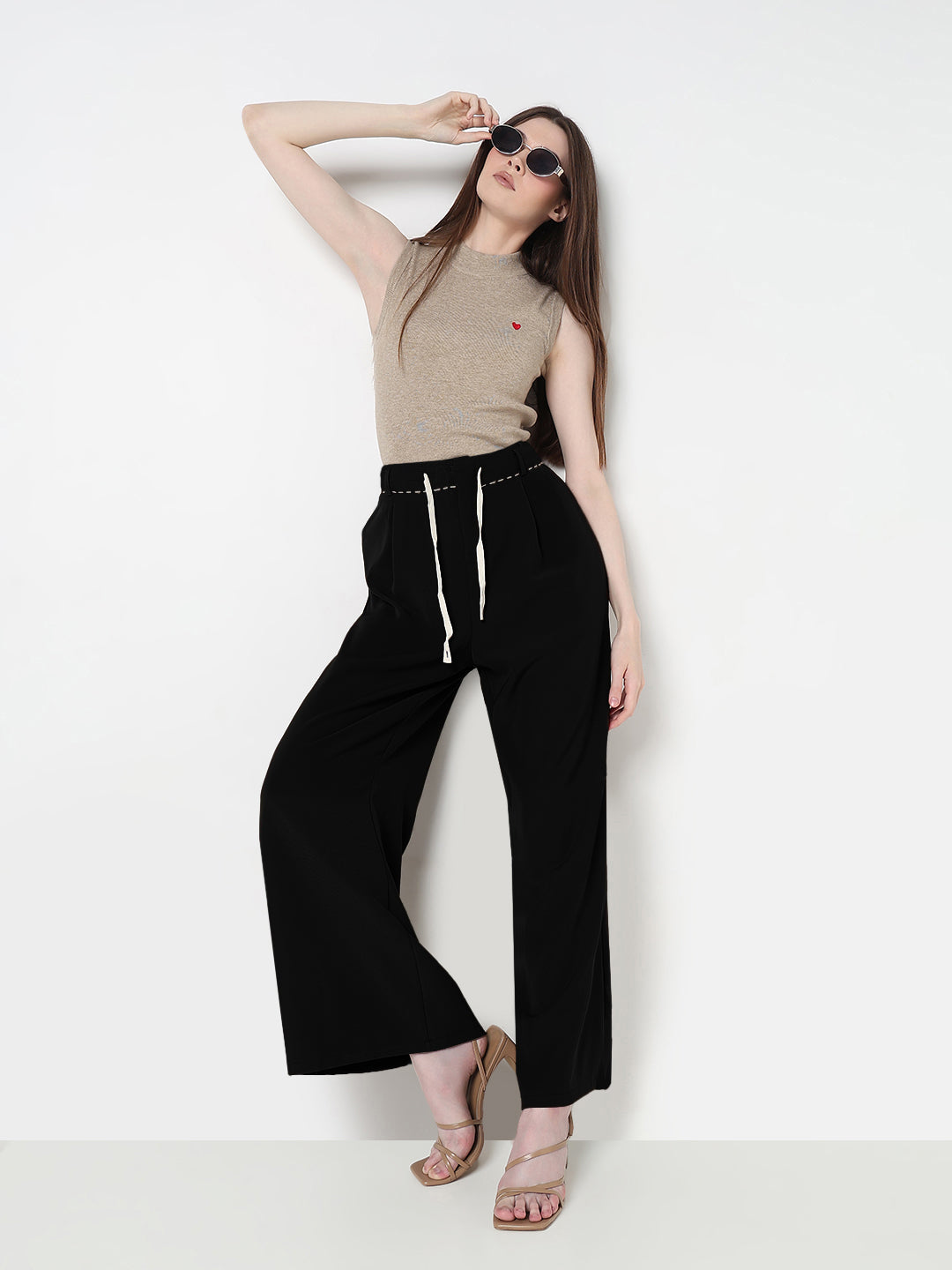 Women's Black Wide Leg Korean Trousers with Contrast Drawcord and Stitch Details
