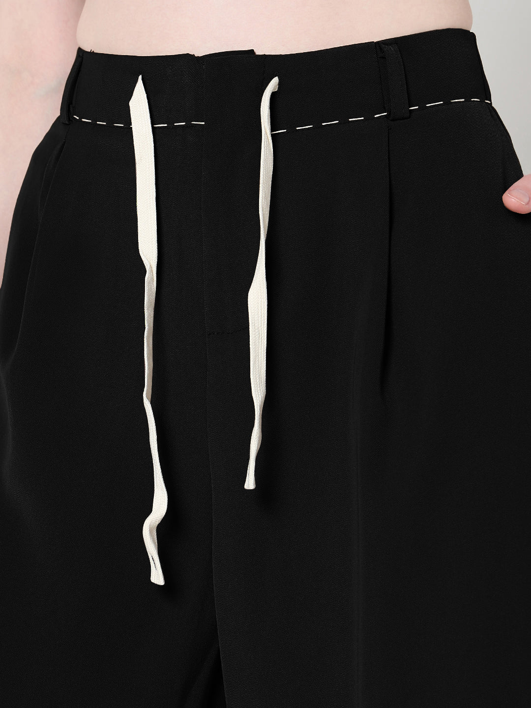 Women's Black Wide Leg Korean Trousers with Contrast Drawcord and Stitch Details