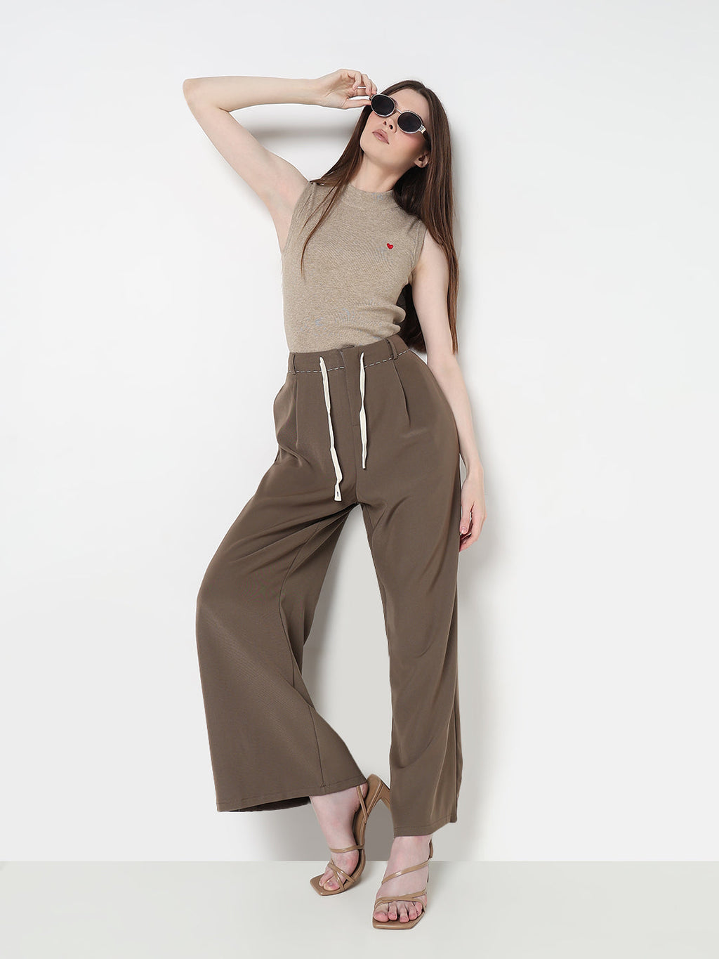 Women's Brown Wide Leg Korean Trousers with Contrast Drawcord and Stitch Details