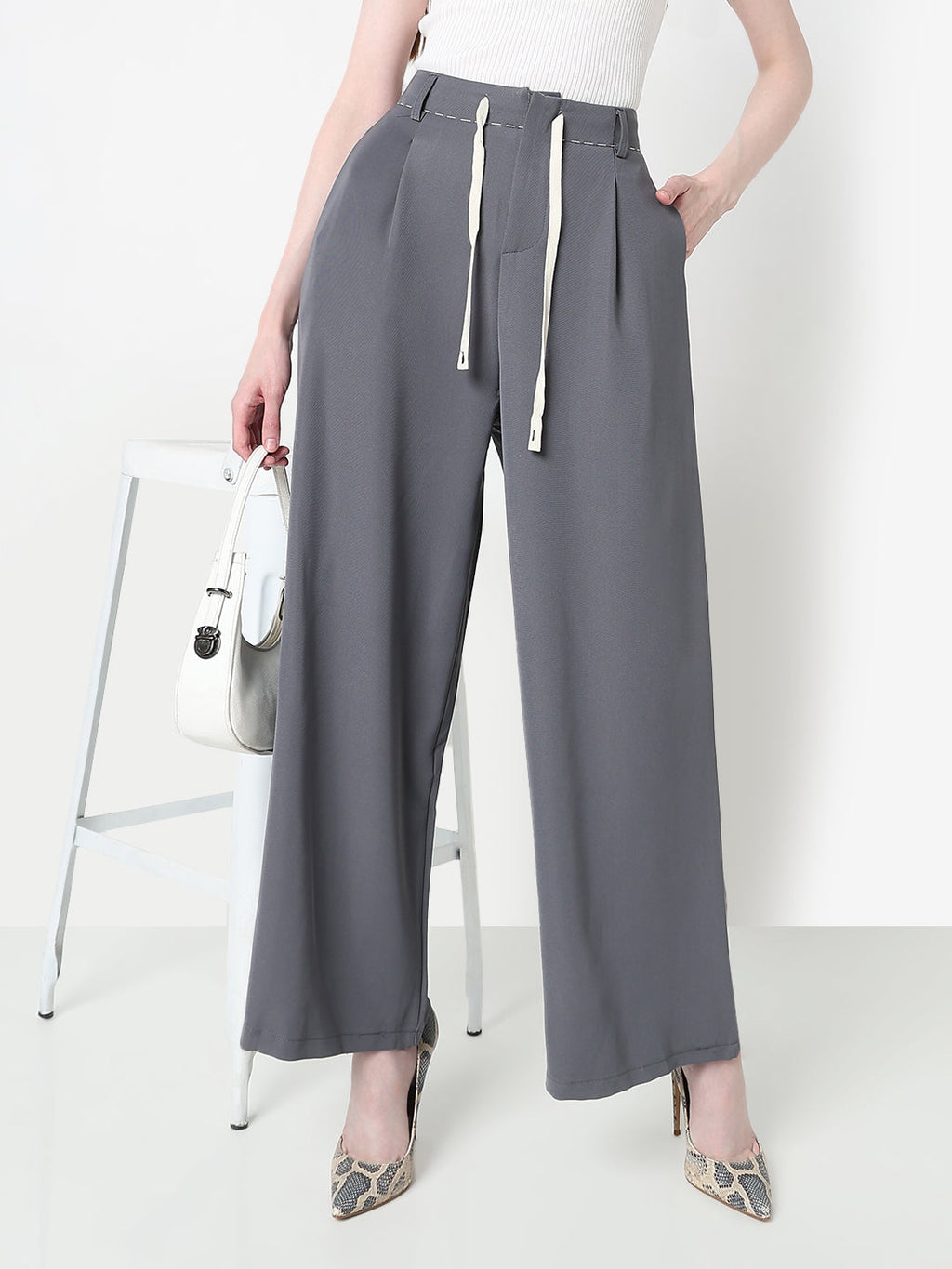 Women's Grey Wide Leg Korean Trousers with Contrast Drawcord and Stitch Details