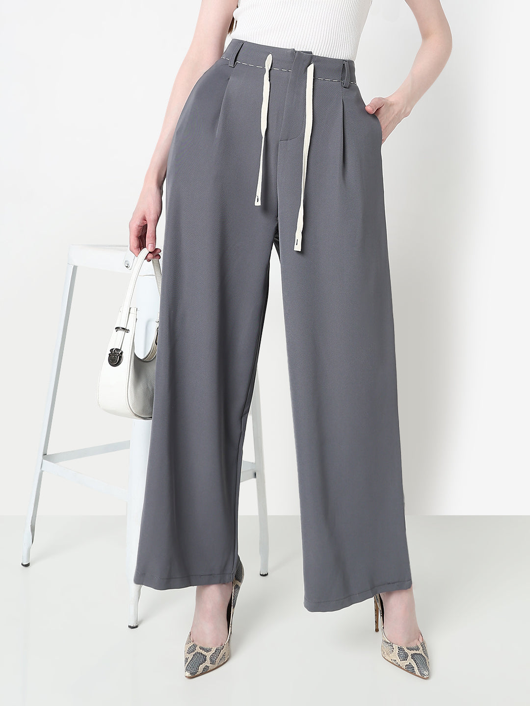 Women's Grey Wide Leg Korean Trousers with Contrast Drawcord and Stitch Details