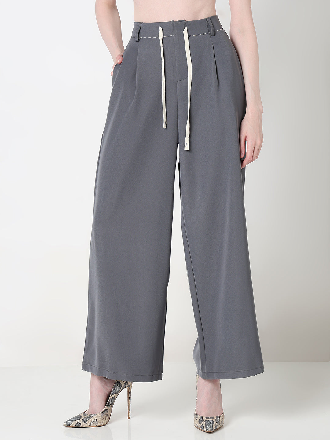 Women's Grey Wide Leg Korean Trousers with Contrast Drawcord and Stitch Details