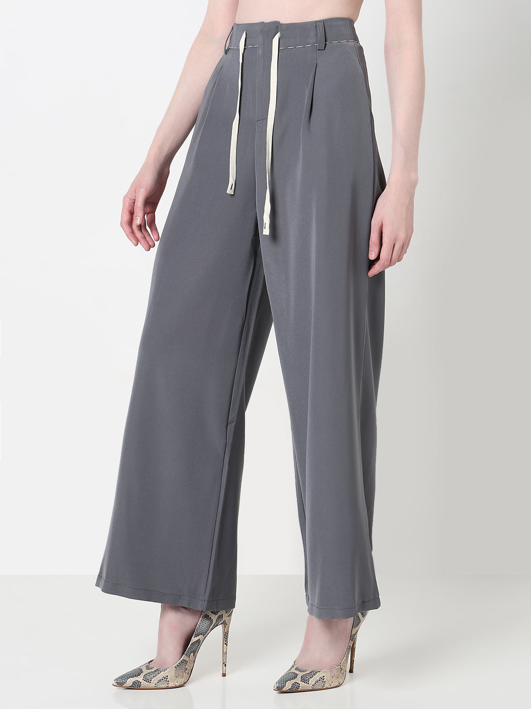 Women's Grey Wide Leg Korean Trousers with Contrast Drawcord and Stitch Details