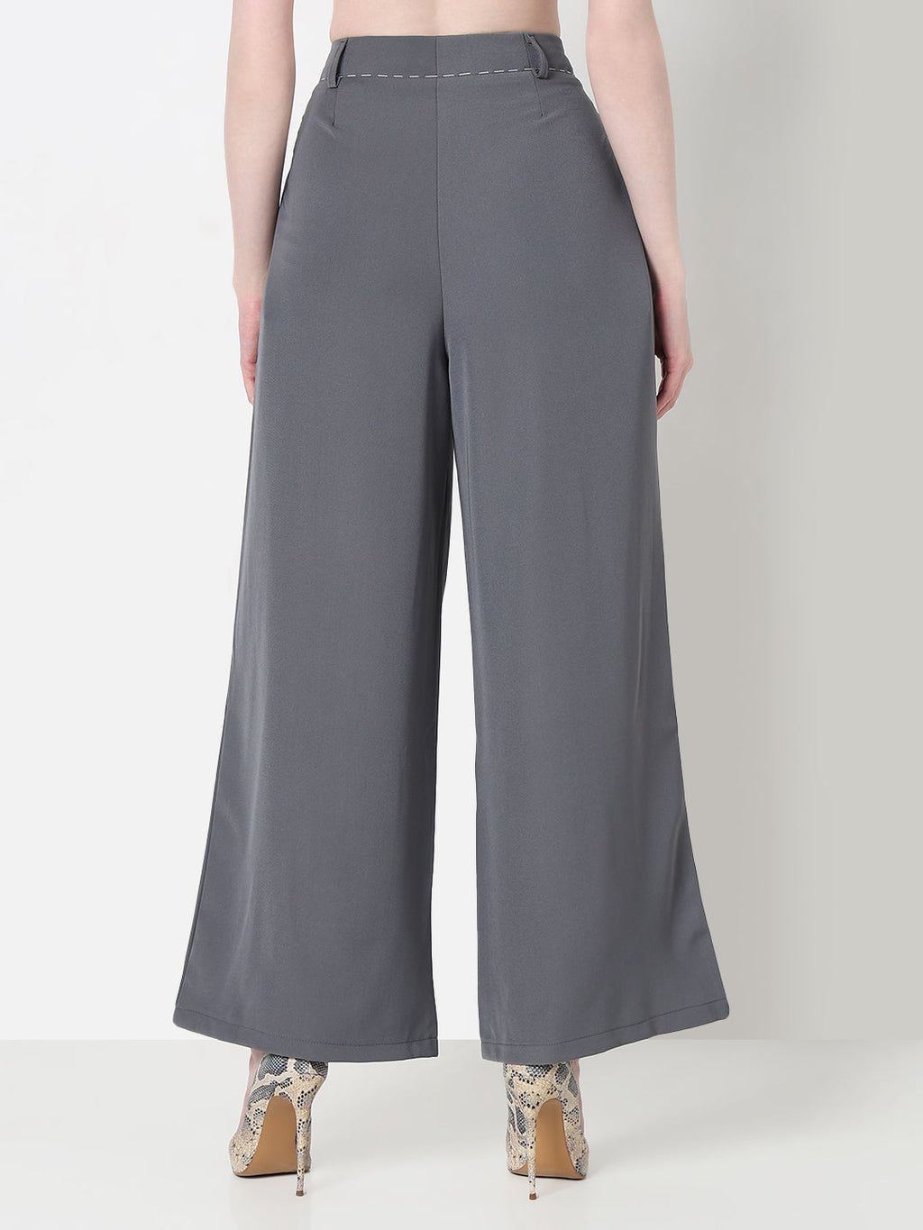 Women's Grey Wide Leg Korean Trousers with Contrast Drawcord and Stitch Details