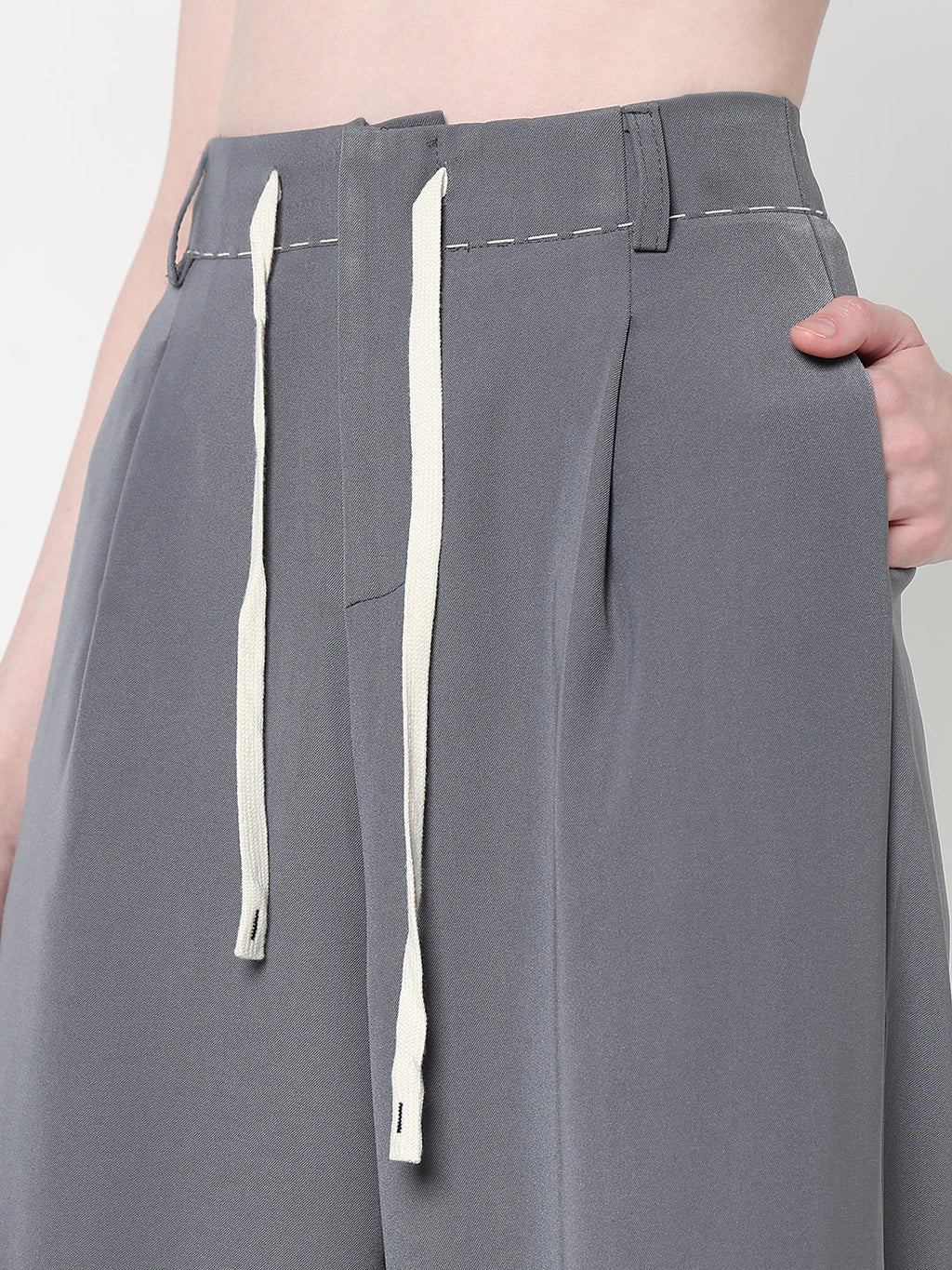 Women's Grey Wide Leg Korean Trousers with Contrast Drawcord and Stitch Details