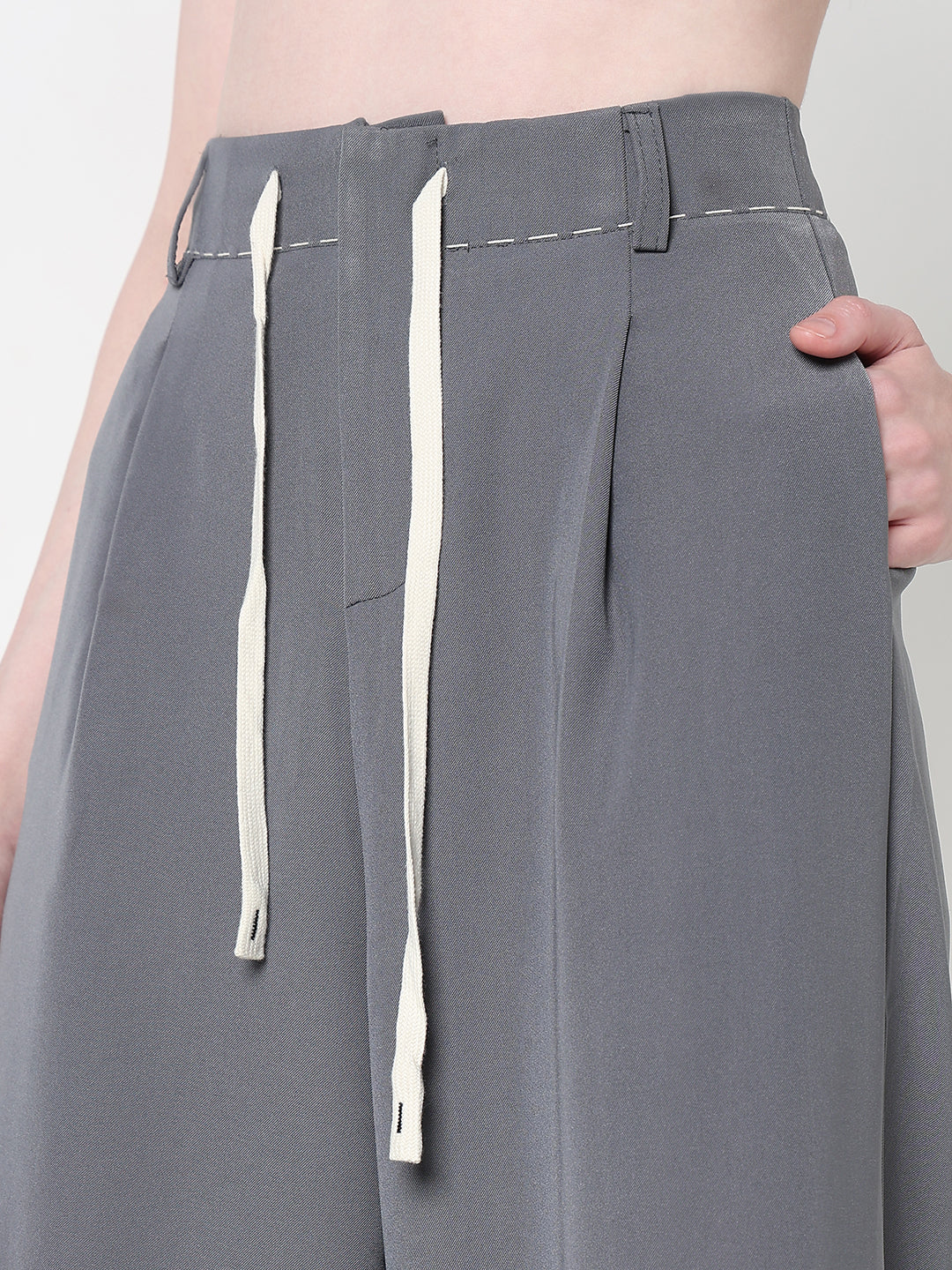 Women's Grey Wide Leg Korean Trousers with Contrast Drawcord and Stitch Details