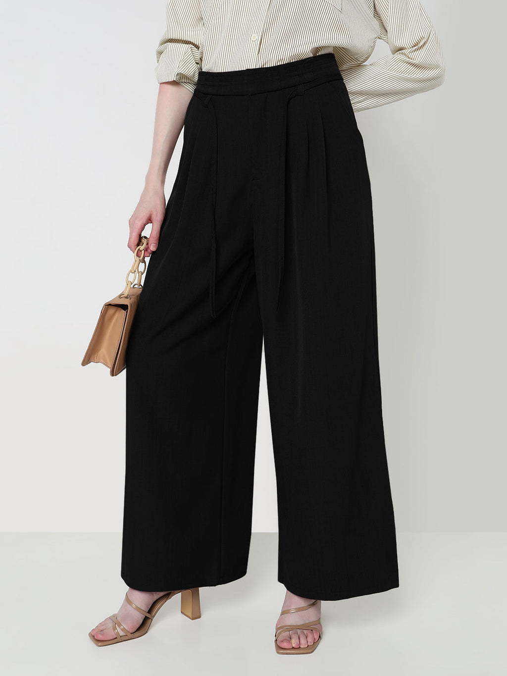 Women's Black Pleated Wide Leg Formal Trousers