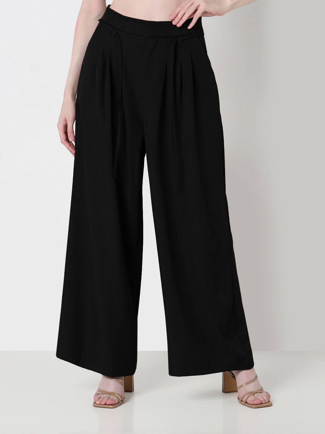 Women's Black Pleated Wide Leg Formal Trousers