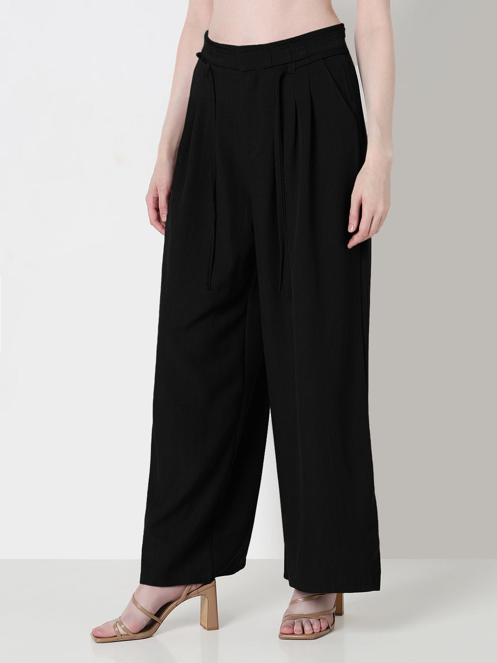Women's Black Pleated Wide Leg Formal Trousers