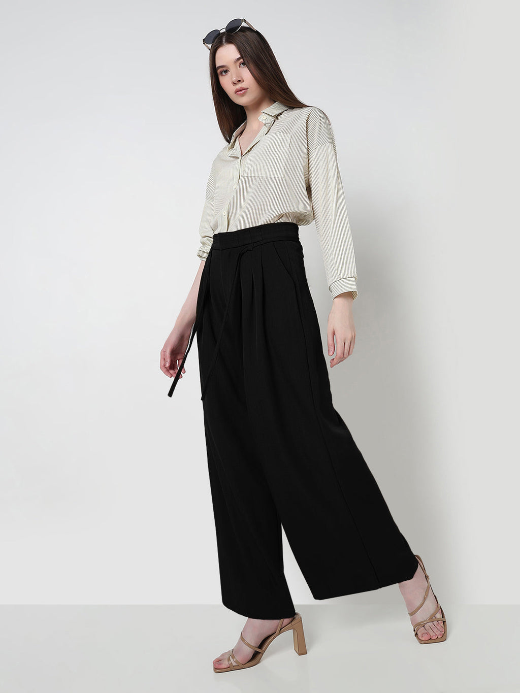 Women's Black Pleated Wide Leg Formal Trousers