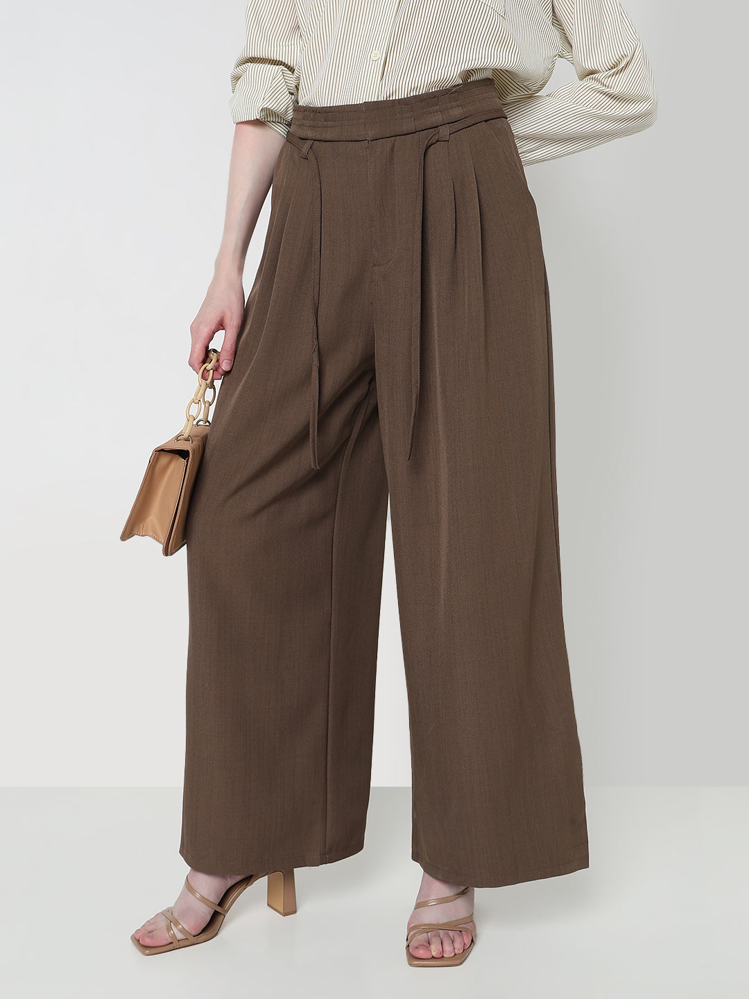 Women's Brown Pleated Wide Leg Formal Trousers