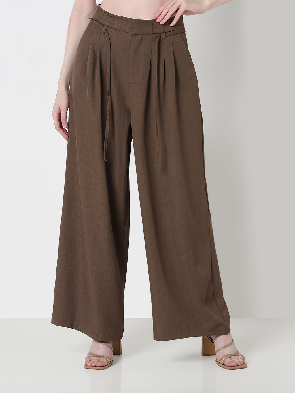 Women's Brown Pleated Wide Leg Formal Trousers
