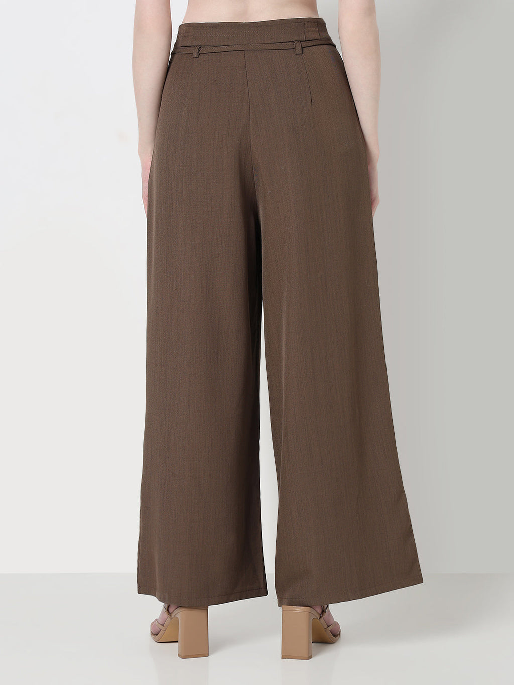 Women's Brown Pleated Wide Leg Formal Trousers