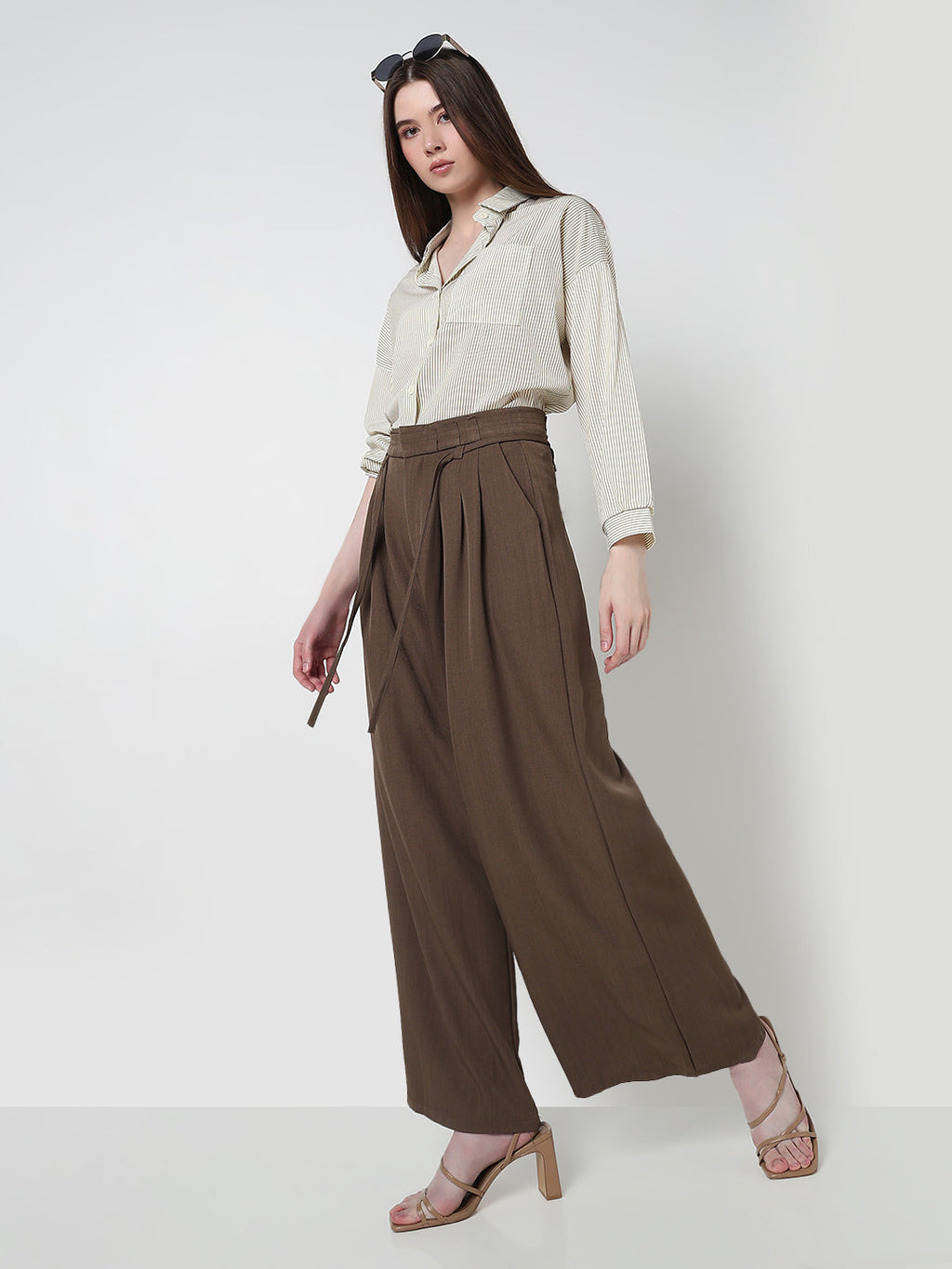 Women's Brown Pleated Wide Leg Formal Trousers