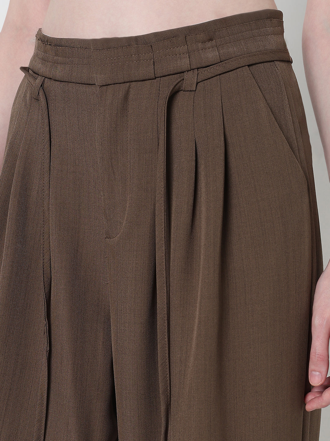 Women's Brown Pleated Wide Leg Formal Trousers