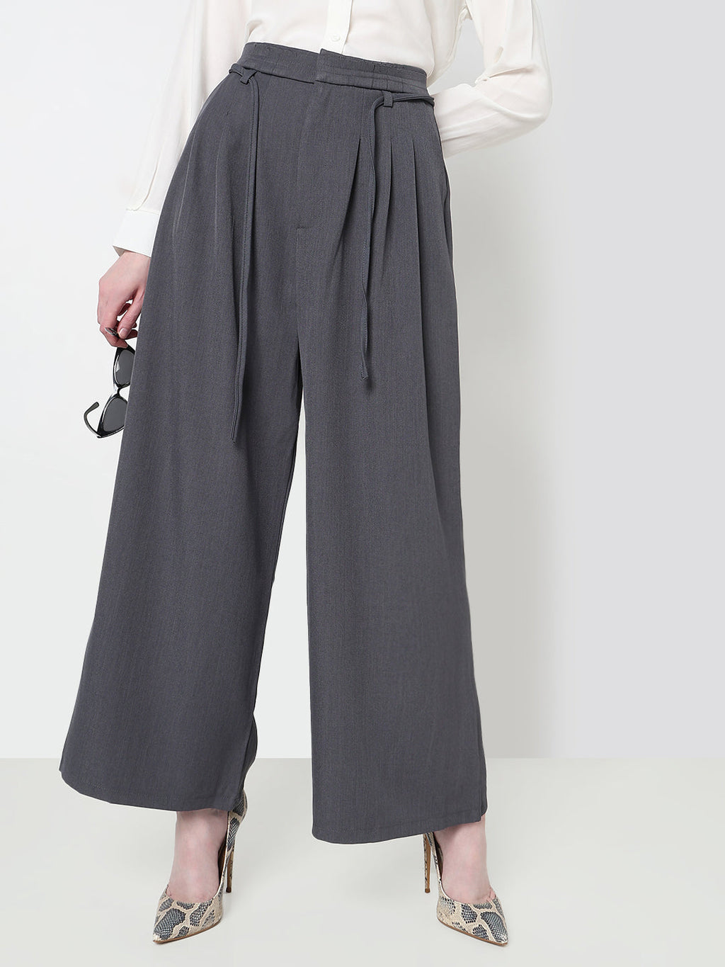 Women's Grey Pleated Wide Leg Formal Trousers