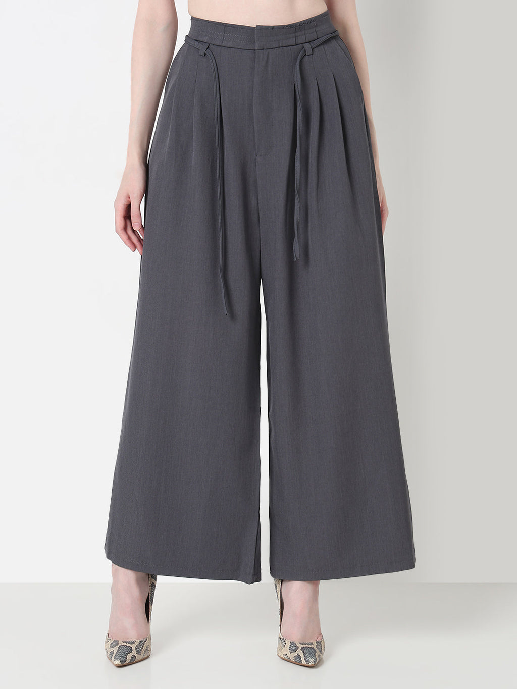 Women's Grey Pleated Wide Leg Formal Trousers