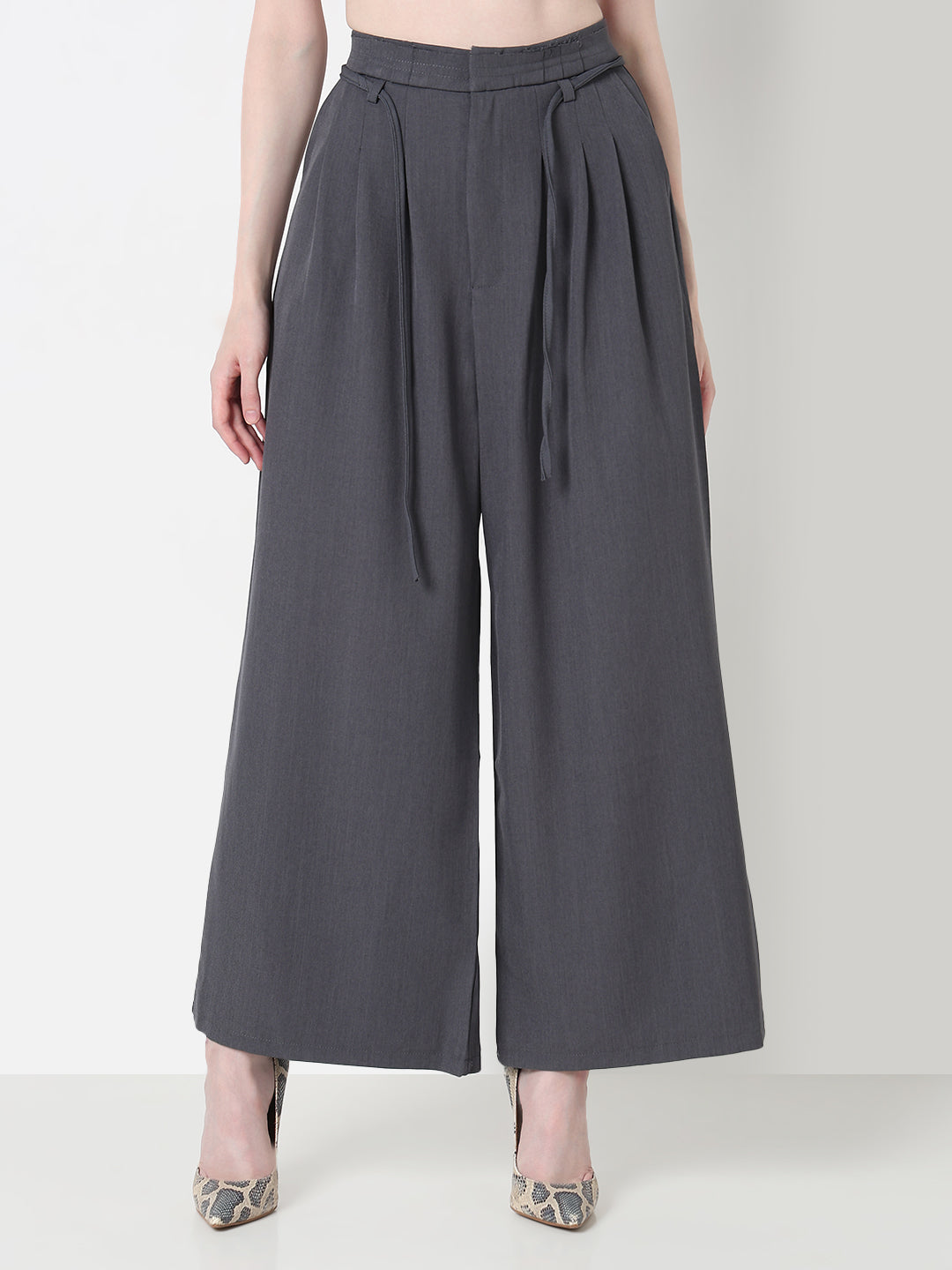 Women's Grey Pleated Wide Leg Formal Trousers
