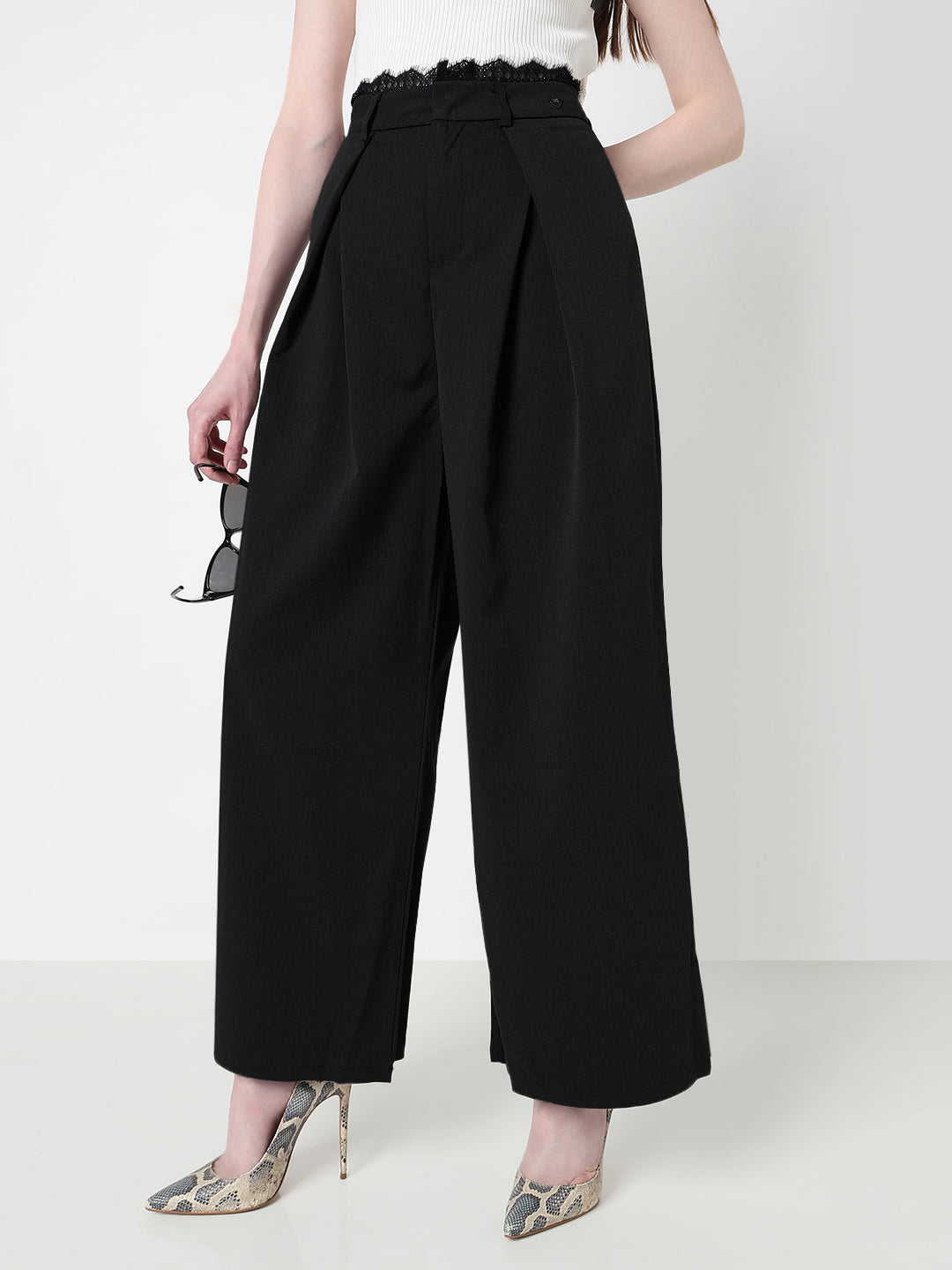 Women's Black Wide Leg Formal Trousers with Lace Trim Detail