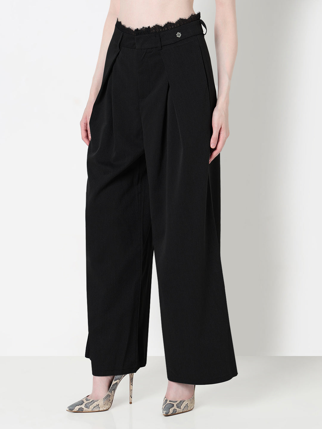 Women's Black Wide Leg Formal Trousers with Lace Trim Detail