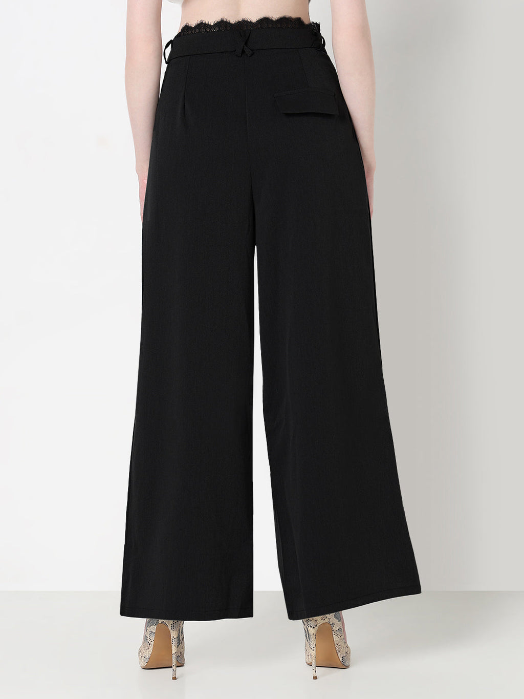 Women's Black Wide Leg Formal Trousers with Lace Trim Detail