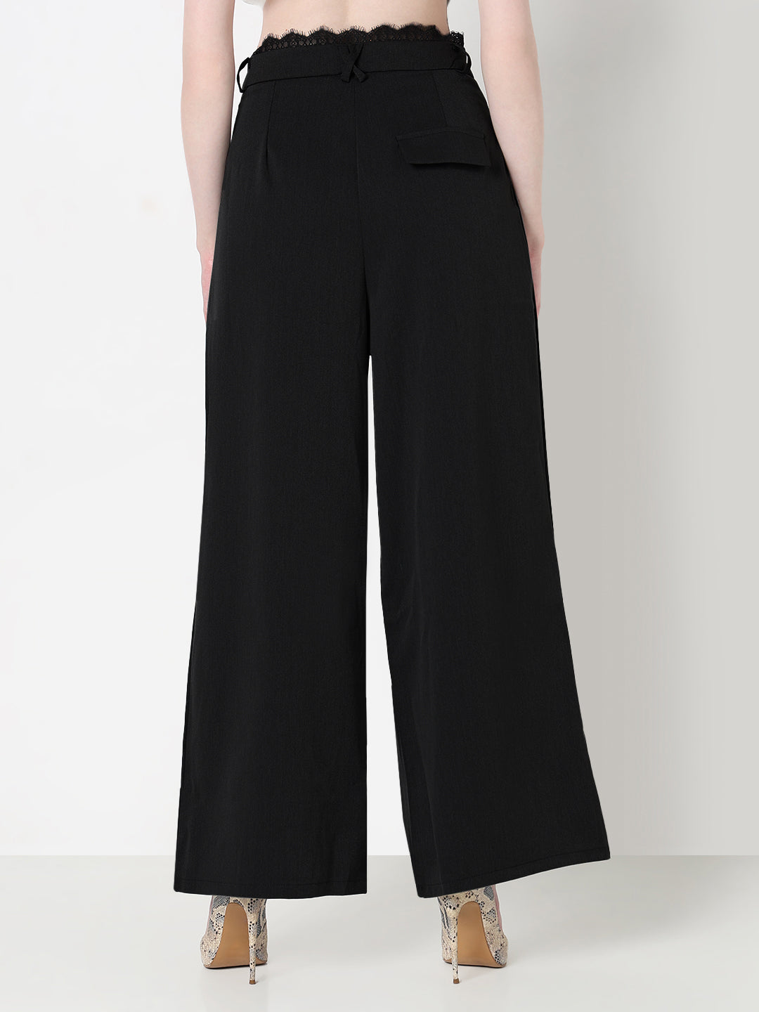 Women's Black Wide Leg Formal Trousers with Lace Trim Detail