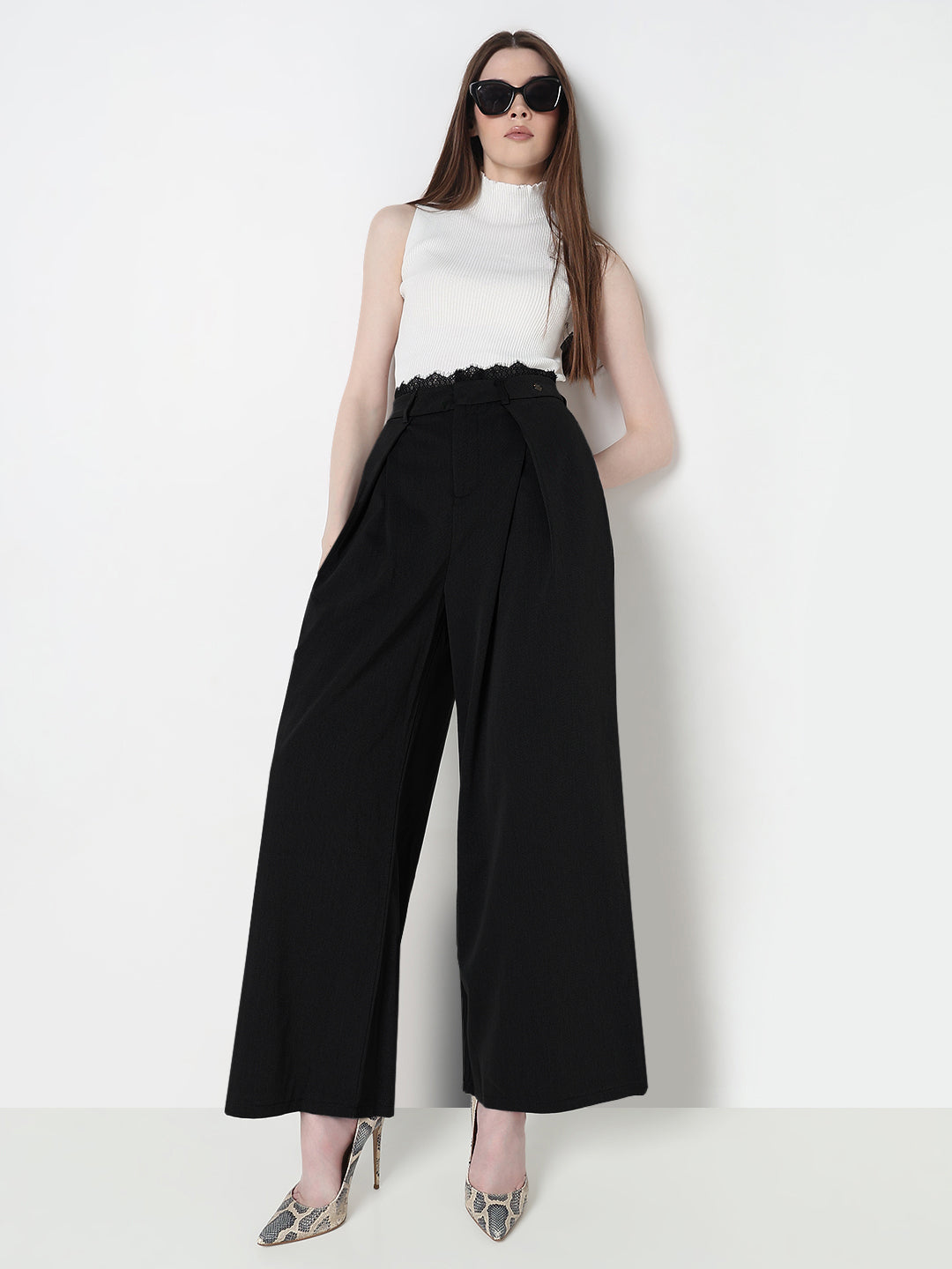 Women's Black Wide Leg Formal Trousers with Lace Trim Detail