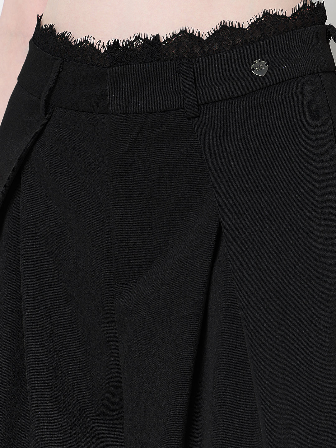 Women's Black Wide Leg Formal Trousers with Lace Trim Detail