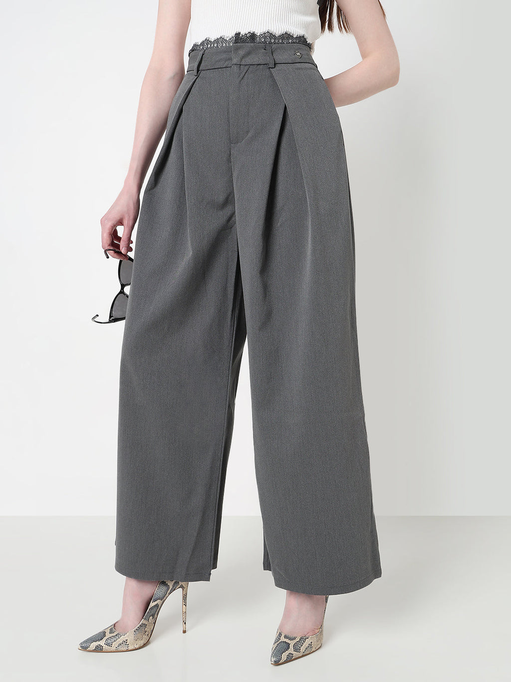 Women's Grey Wide Leg Formal Trousers with Lace Trim Detail