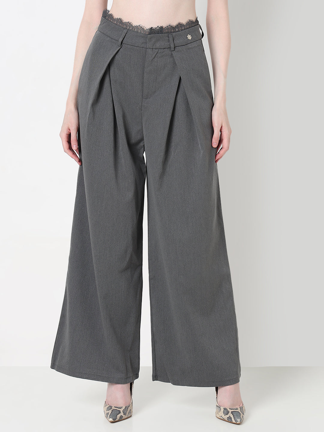 Women's Grey Wide Leg Formal Trousers with Lace Trim Detail