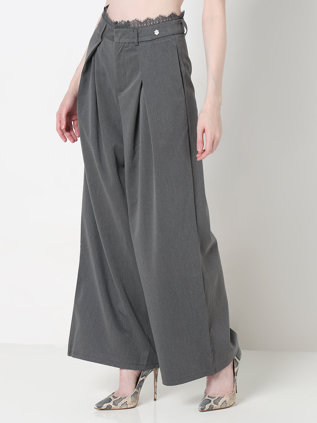 Women's Grey Wide Leg Formal Trousers with Lace Trim Detail
