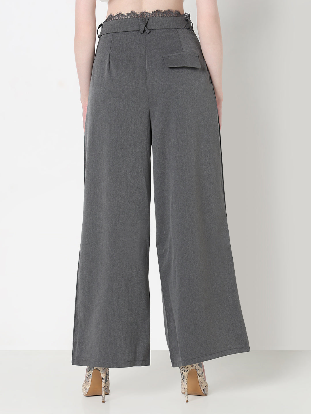 Women's Grey Wide Leg Formal Trousers with Lace Trim Detail