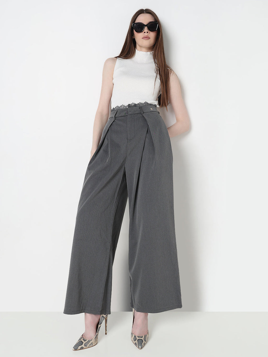 Women's Grey Wide Leg Formal Trousers with Lace Trim Detail