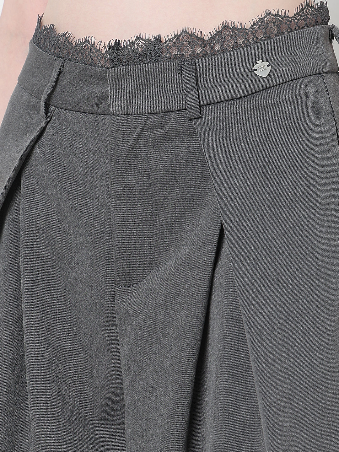 Women's Grey Wide Leg Formal Trousers with Lace Trim Detail