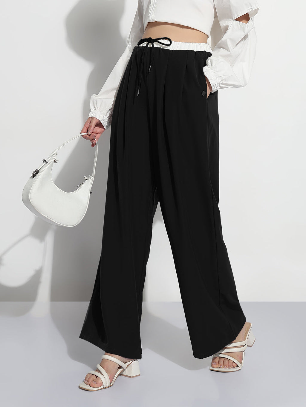 Women's Black Pleated Relaxed Fit Trousers with Contrast Drawstring Waistband