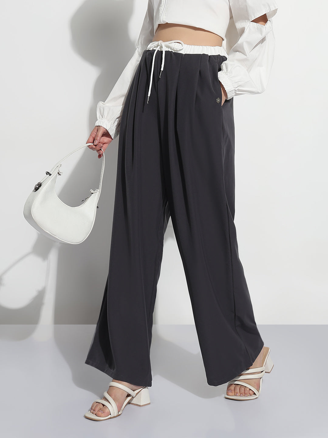 Women's Grey Pleated Relaxed Fit Trousers with Contrast Drawstring Waistband
