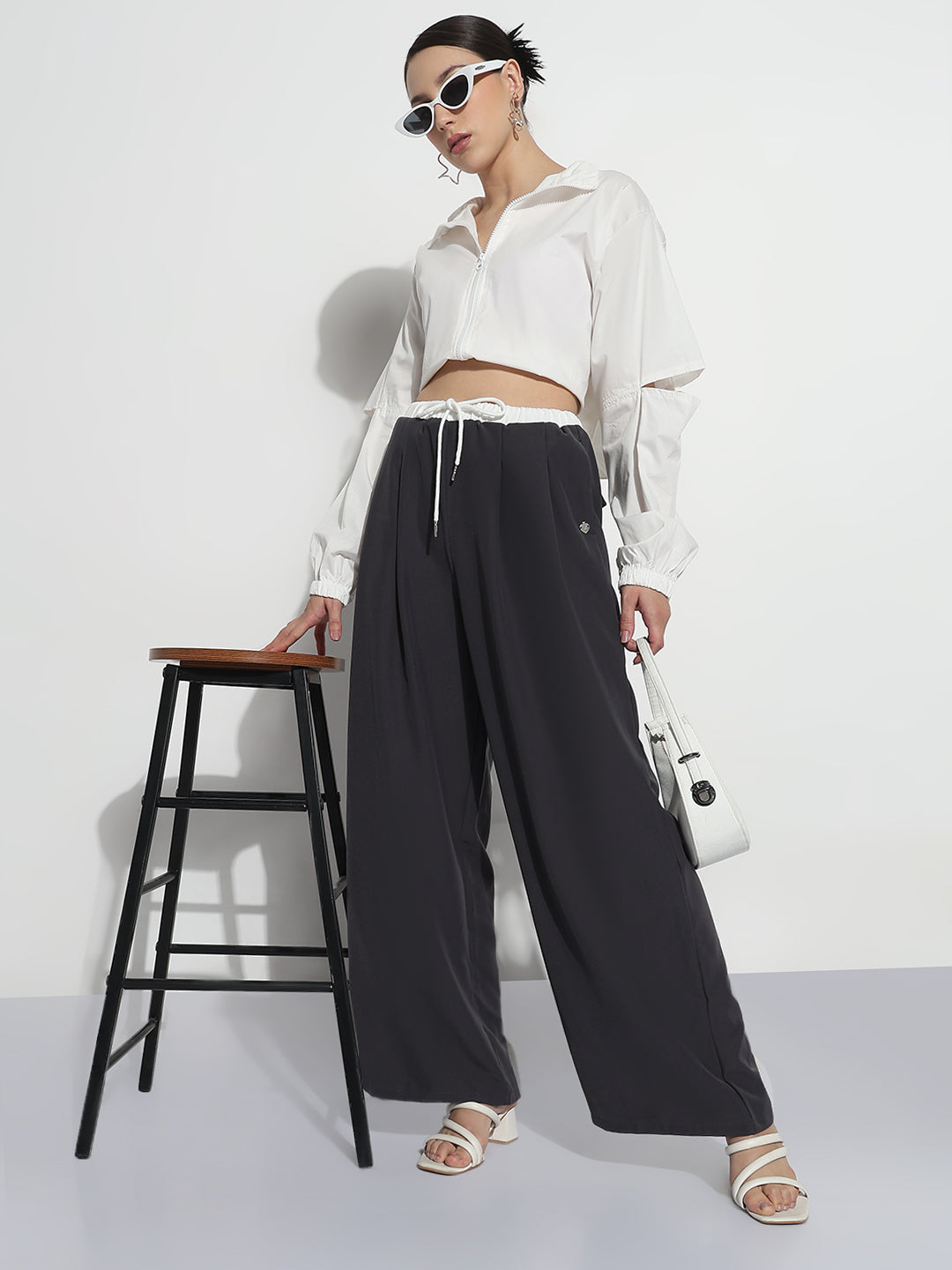 Women's Grey Pleated Relaxed Fit Trousers with Contrast Drawstring Waistband