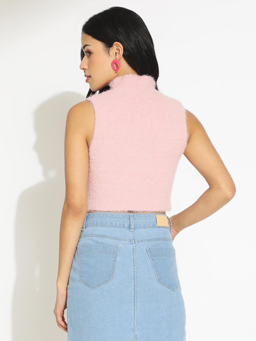 Women's Ribbed Light Pink High Neck Sleeveless Knitted Crop Tank Top