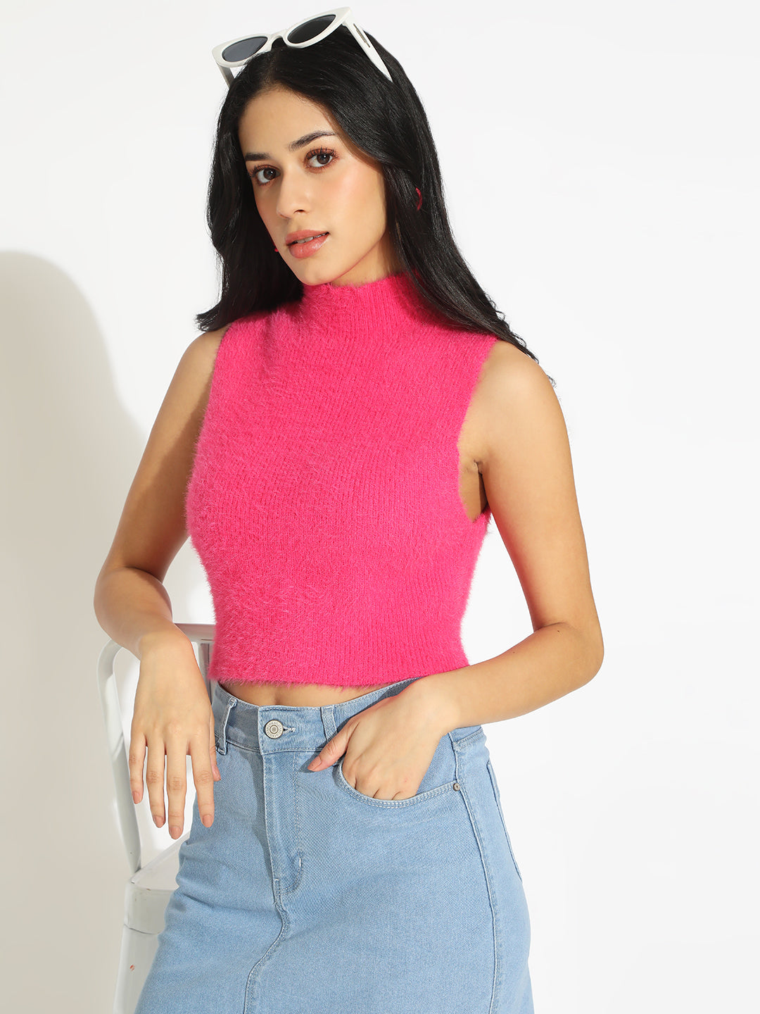 Women's Ribbed Pink High Neck Sleeveless Knitted Crop Tank Top