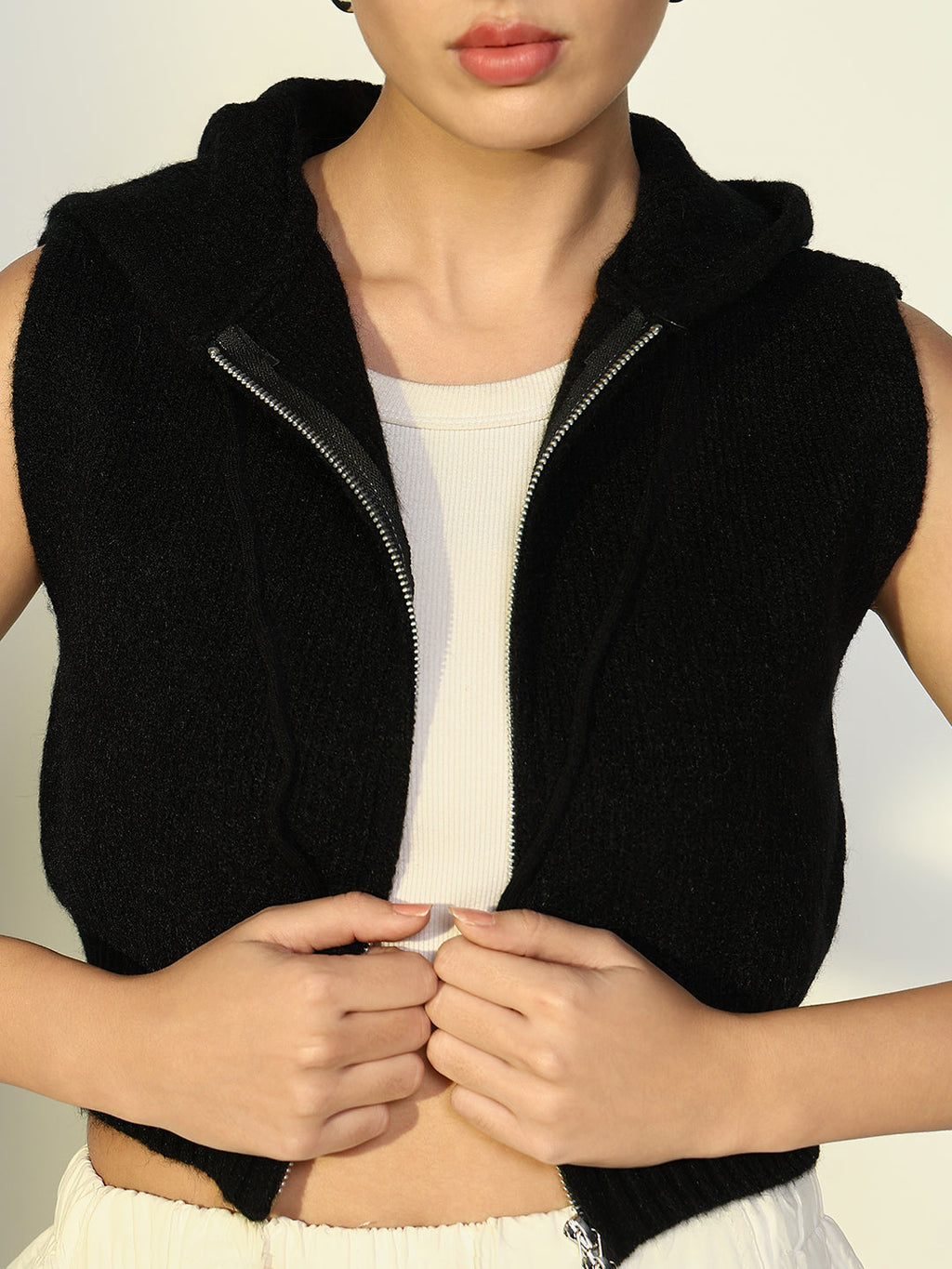 Women's Ribbed Black Hooded Short Top with Zip