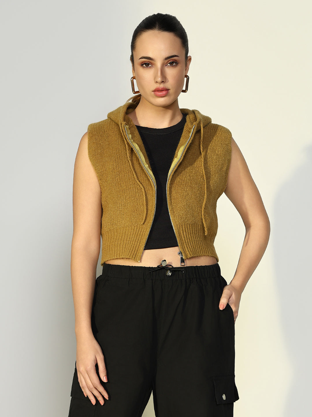 Women's Ribbed Green Hooded Short Top with Zip