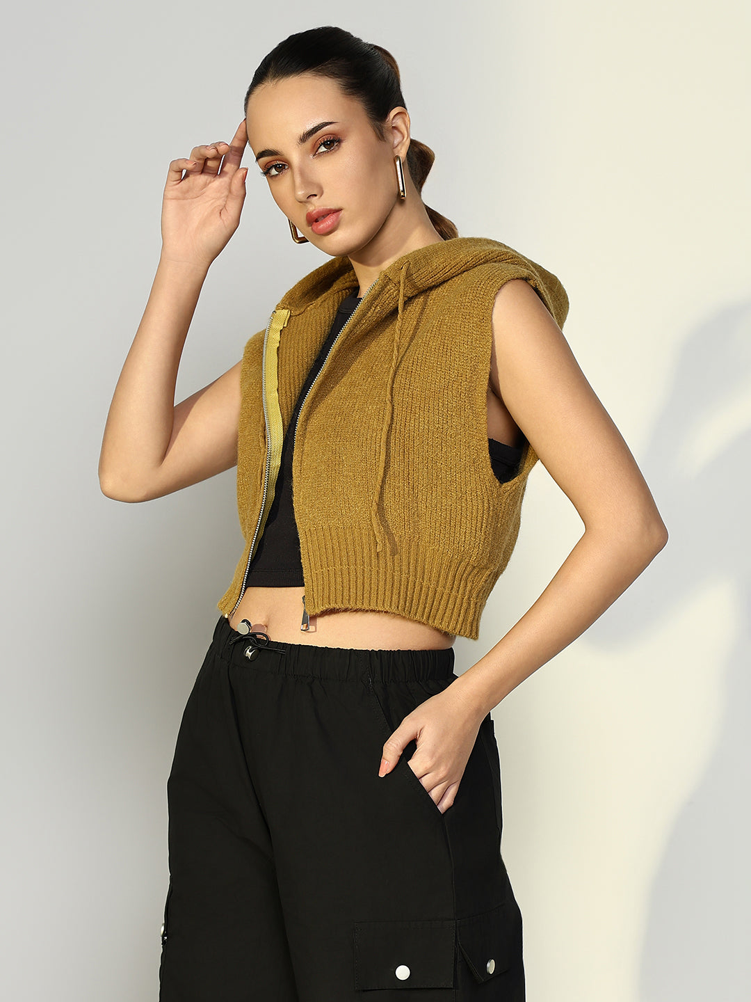 Women's Ribbed Green Hooded Short Top with Zip