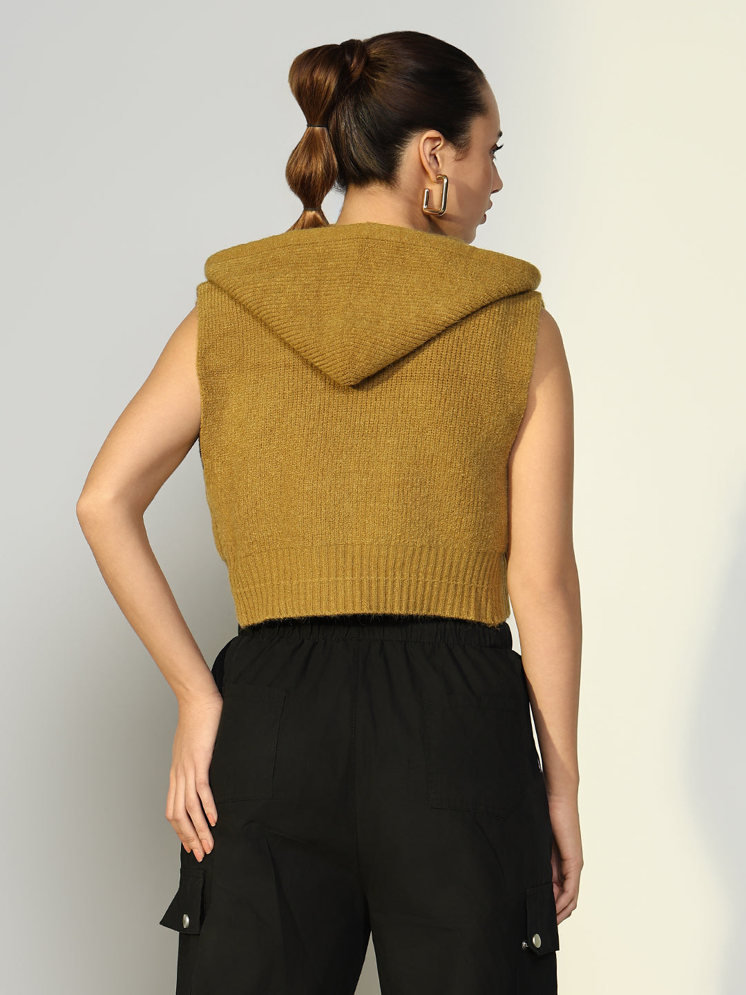 Women's Ribbed Green Hooded Short Top with Zip